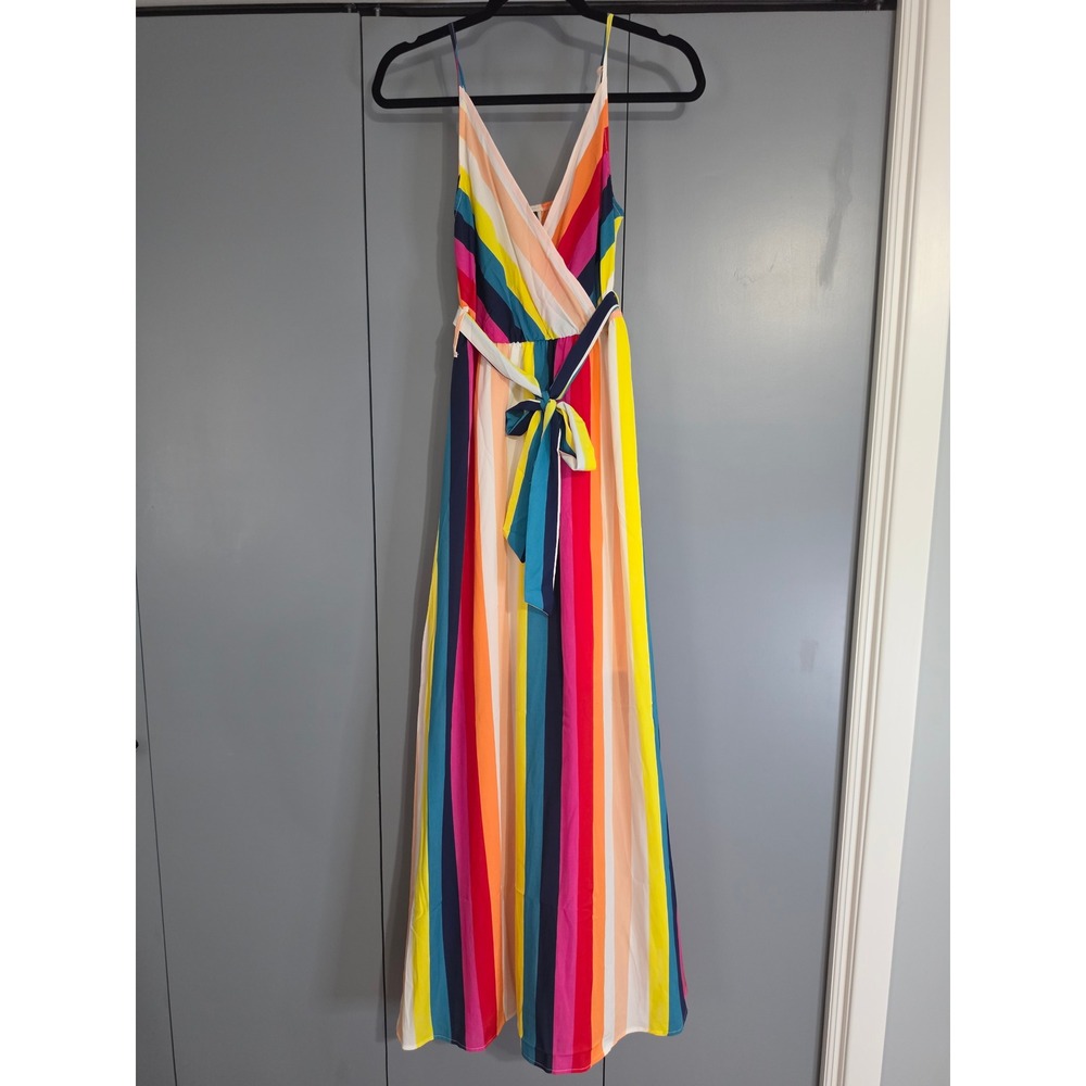 New SHEIN Maxi Dress Size S Multicolor Rainbow Stripe Wrap V-Neck Tie Waist